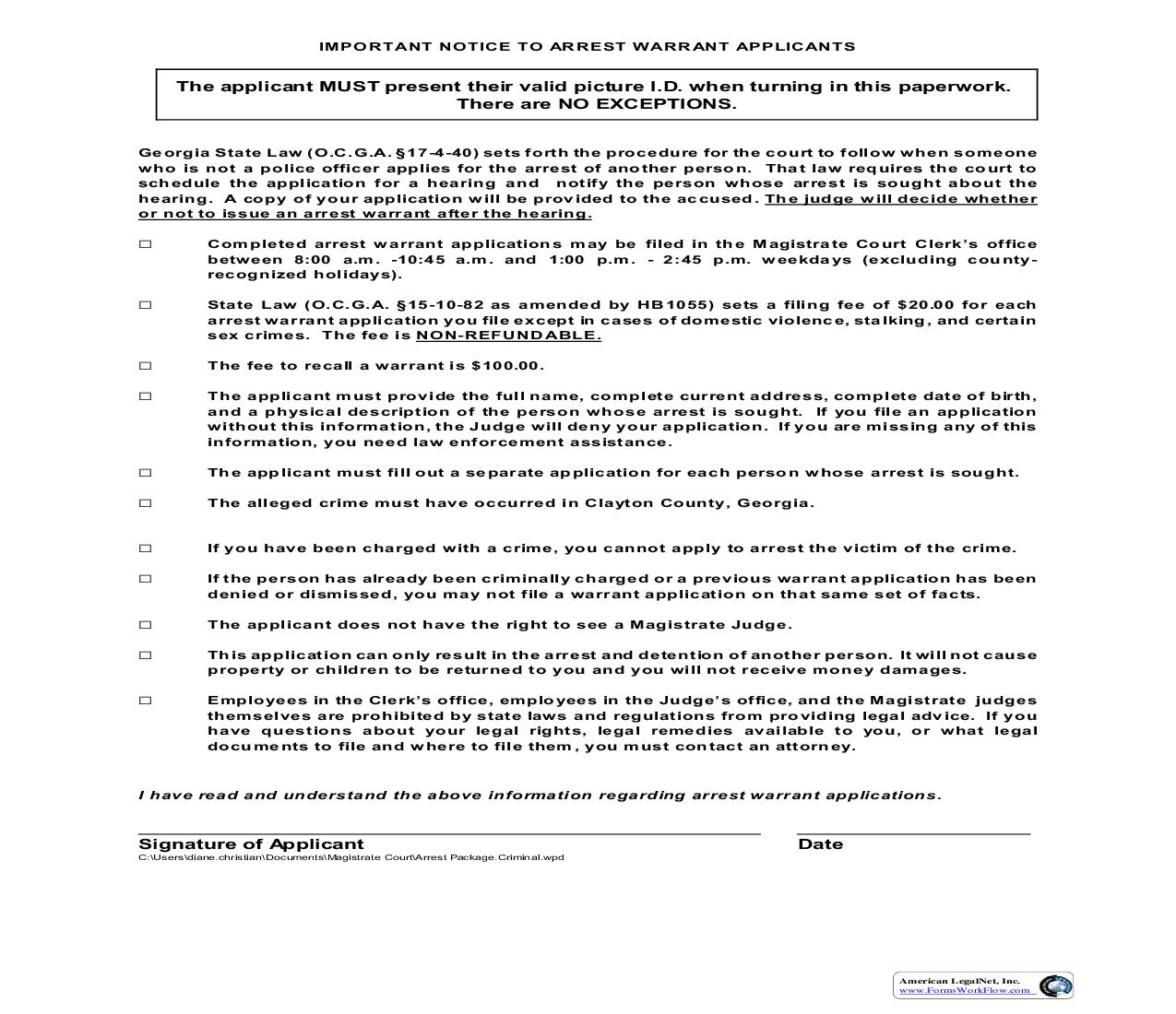 Application For Criminal Arrest Warrant | Pdf Fpdf Doc Docx | Georgia