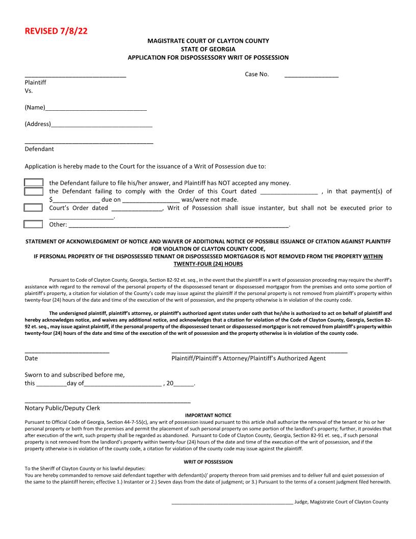 Application For Dispossessory Writ Of Possession | Pdf Fpdf Doc Docx | Georgia