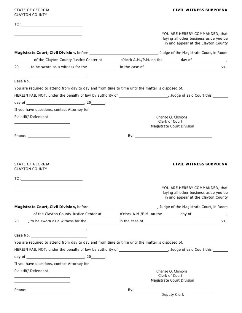 Civil Witness Subpoena | Pdf Fpdf Doc Docx | Georgia