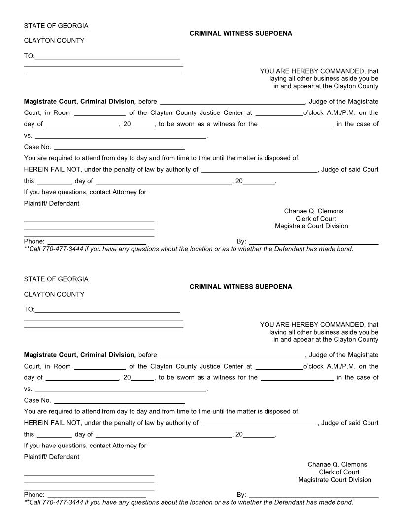 Criminal Witness Subpoena | Pdf Fpdf Doc Docx | Georgia