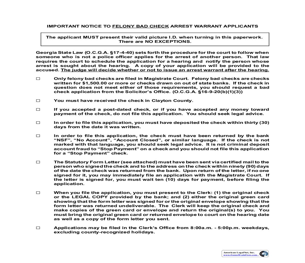 Felony Bad Check Filing Procedures And Letter | Pdf Fpdf Doc Docx | Georgia