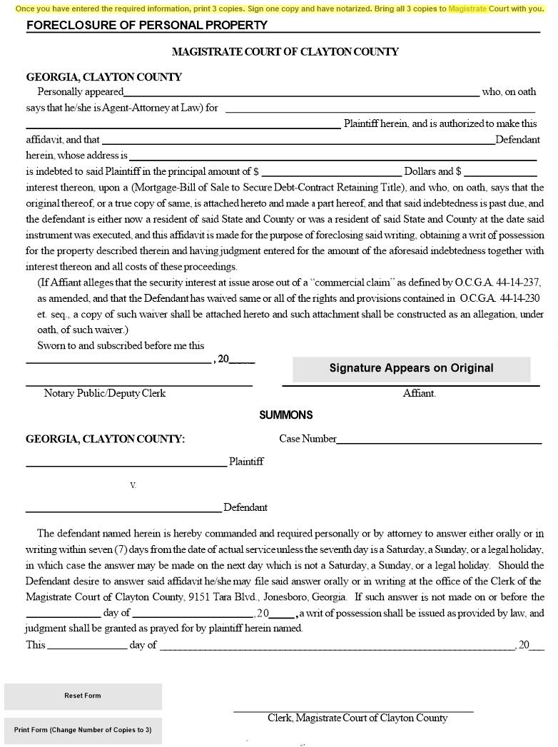 Foreclosure Of Personal Property (Affidavit And Summons) | Pdf Fpdf Doc Docx | Georgia