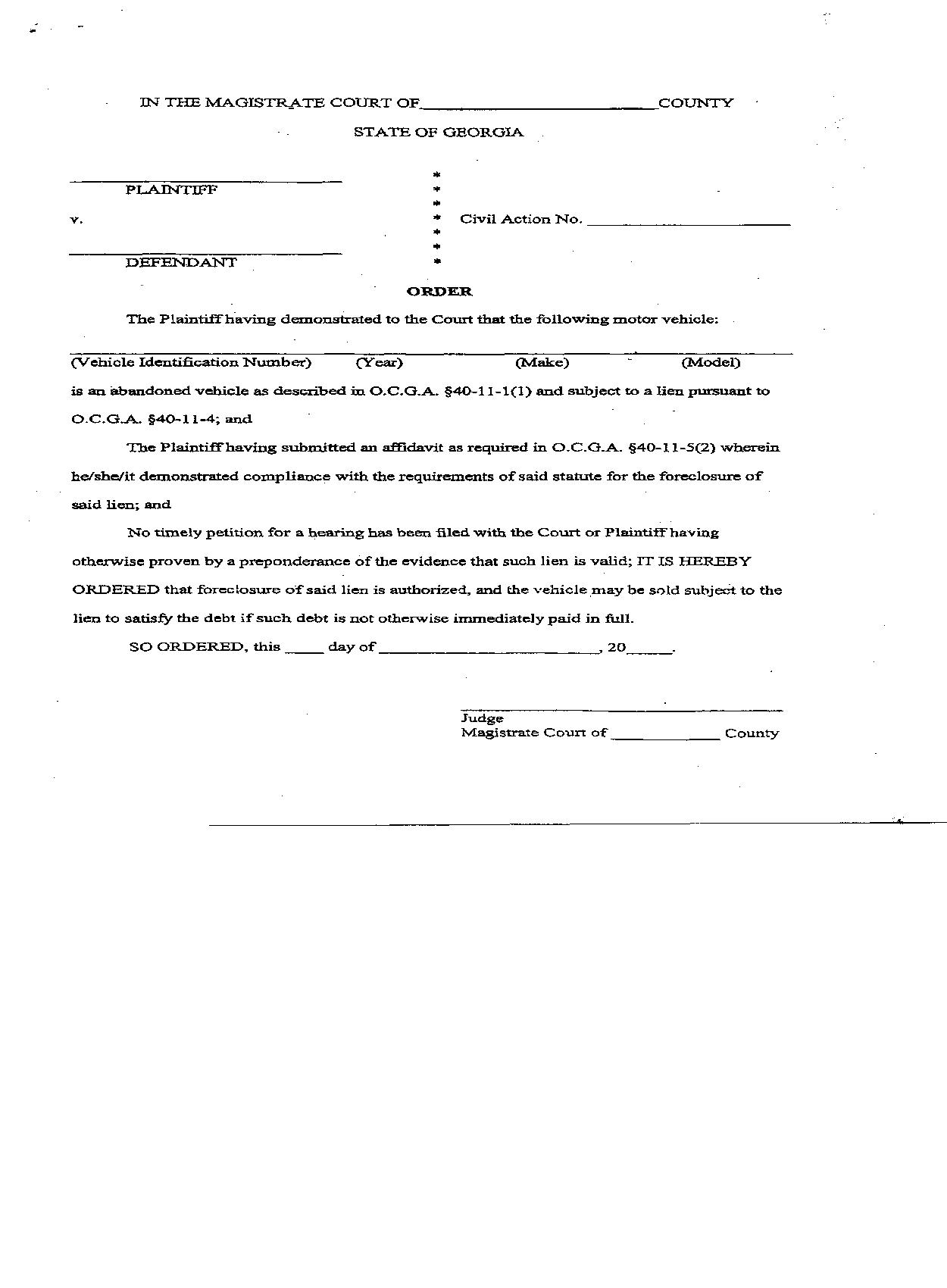 Order (Abandoned Motor Vehicle) | Pdf Fpdf Doc Docx | Georgia