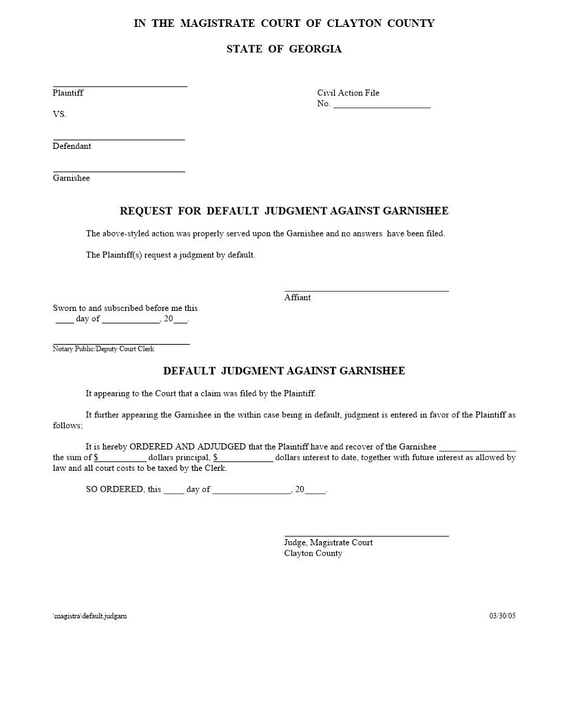 Request For Default Judgment Against Garnishee | Pdf Fpdf Docx | Georgia