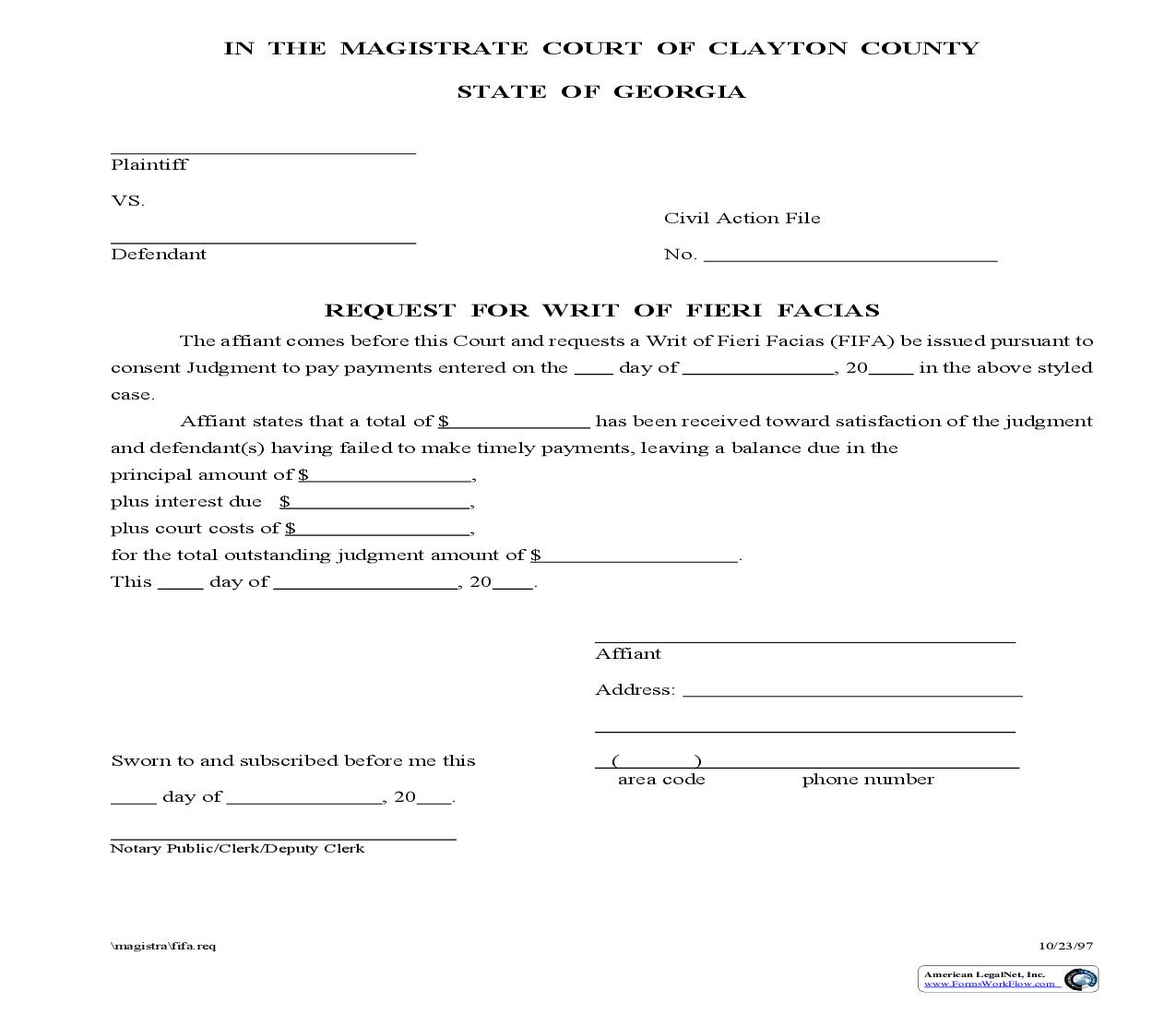 Request For Writ Of Fieri Facias | Pdf Fpdf Doc Docx | Georgia