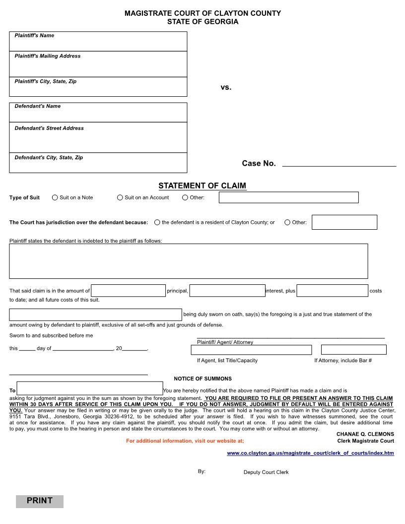 Statement Of Claim | Pdf Fpdf Doc Docx | Georgia