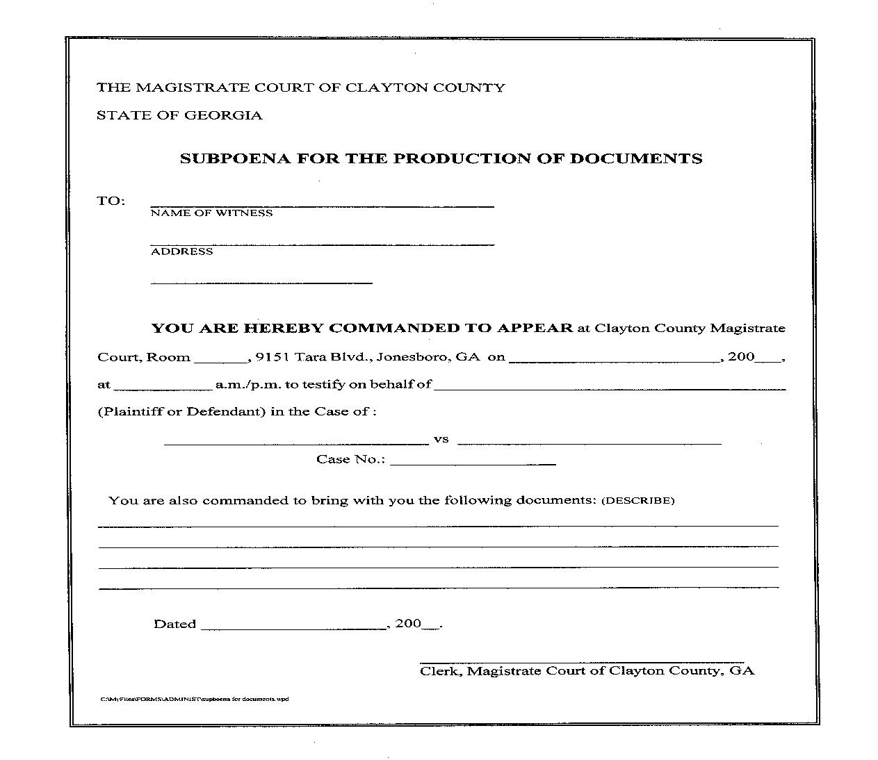 Subpoena For Production Of Documents | Pdf Fpdf Doc Docx | Georgia