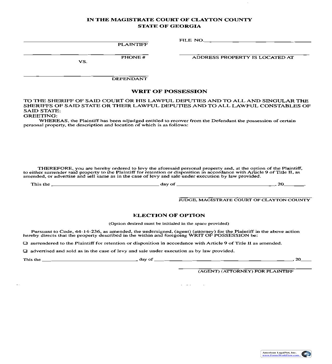 Writ Of Possession | Pdf Fpdf Doc Docx | Georgia