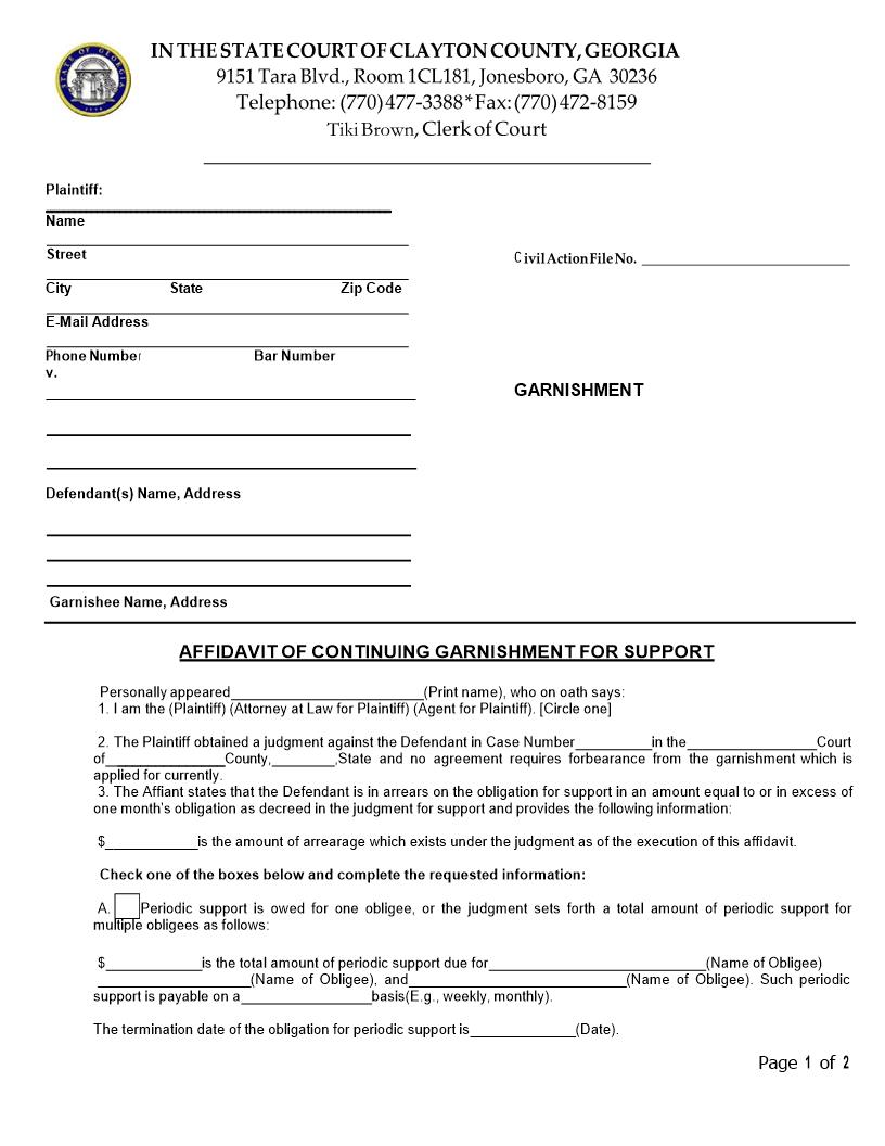 Affidavit Of Continuing Garnishment For Support | Pdf Fpdf Doc Docx | Georgia