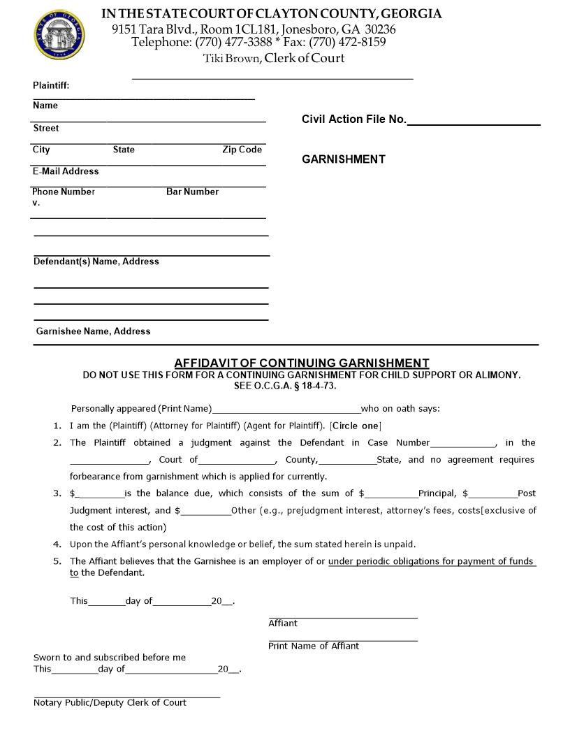 Affidavit Of Continuing Garnishment | Pdf Fpdf Doc Docx | Georgia
