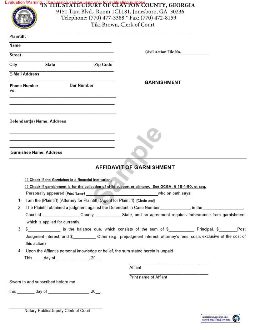 Affidavit Of Garnishment | Pdf Fpdf Doc Docx | Georgia