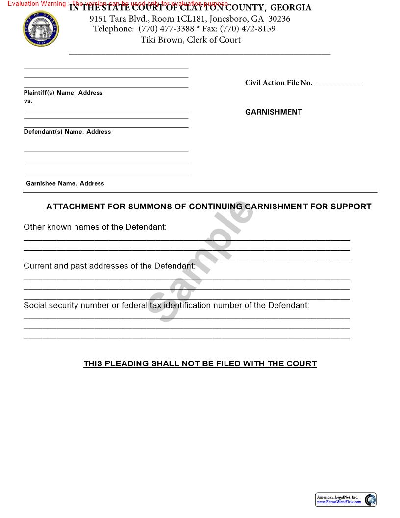 Attachment For Summons Of Continuing Garnishment For Support | Pdf Fpdf Doc Docx | Georgia
