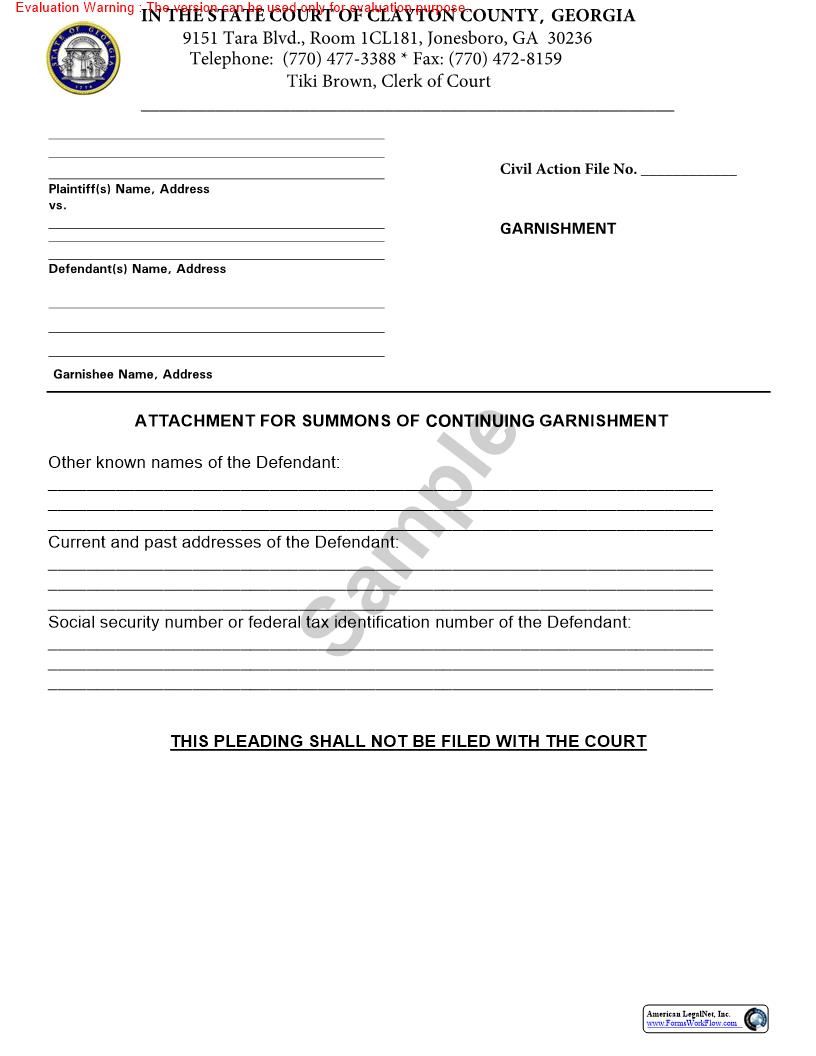 Attachment For Summons Of Continuing Garnishment | Pdf Fpdf Doc Docx | Georgia