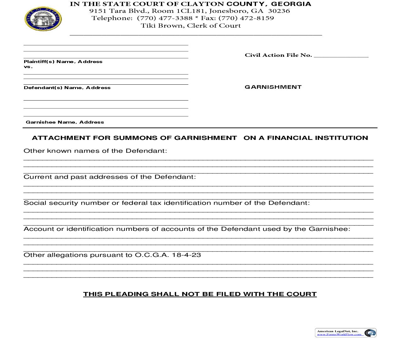 Attachment For Summons Of Garnishment On A Financial Institution | Pdf Fpdf Doc Docx | Georgia