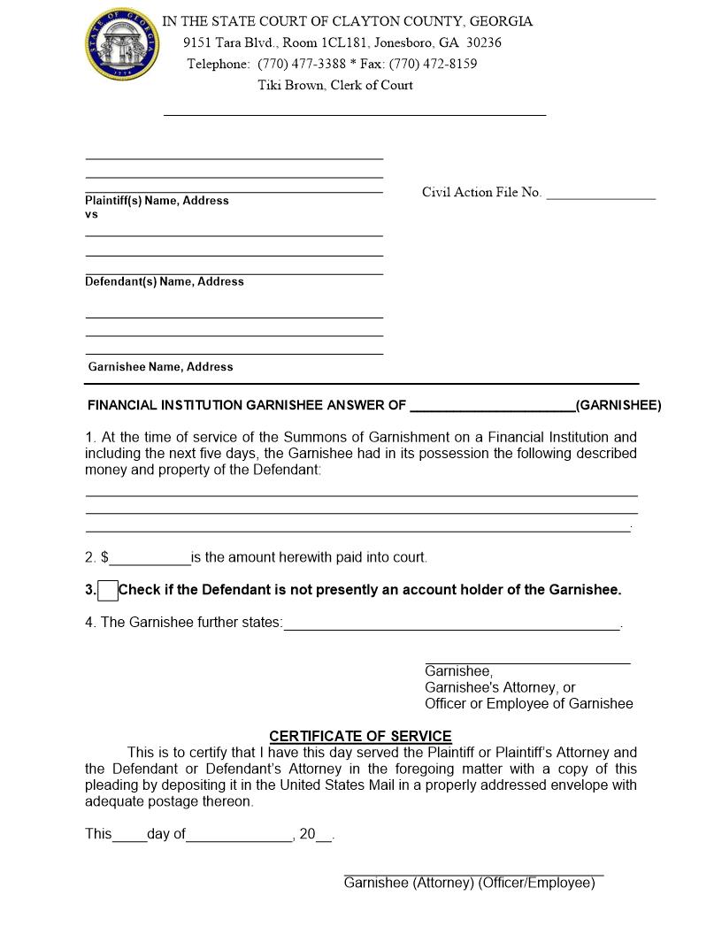 Financial Institution Garnishee Answer | Pdf Fpdf Doc Docx | Georgia
