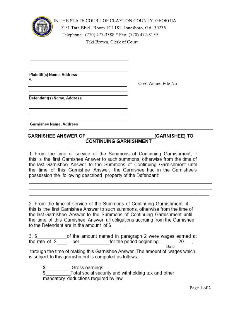 Garnishee Answer To Continuing Garnishment | Pdf Fpdf Doc Docx | Georgia