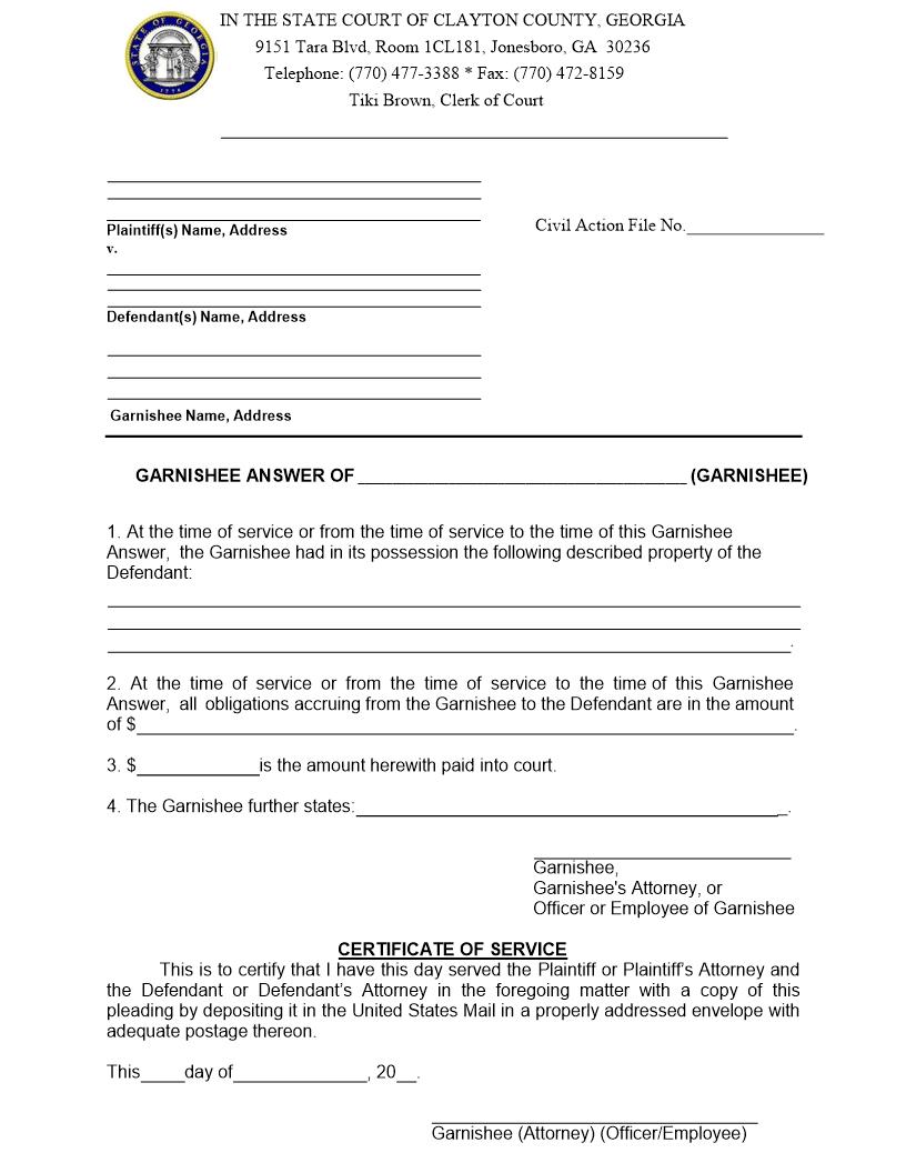 Garnishee Answer | Pdf Fpdf Doc Docx | Georgia