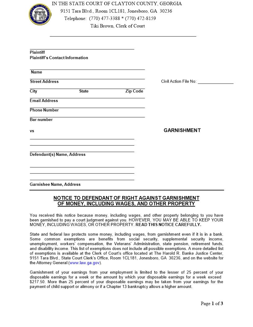 Notice To Defendant Of Right Against Garnishment Of Money | Pdf Fpdf Doc Docx | Georgia