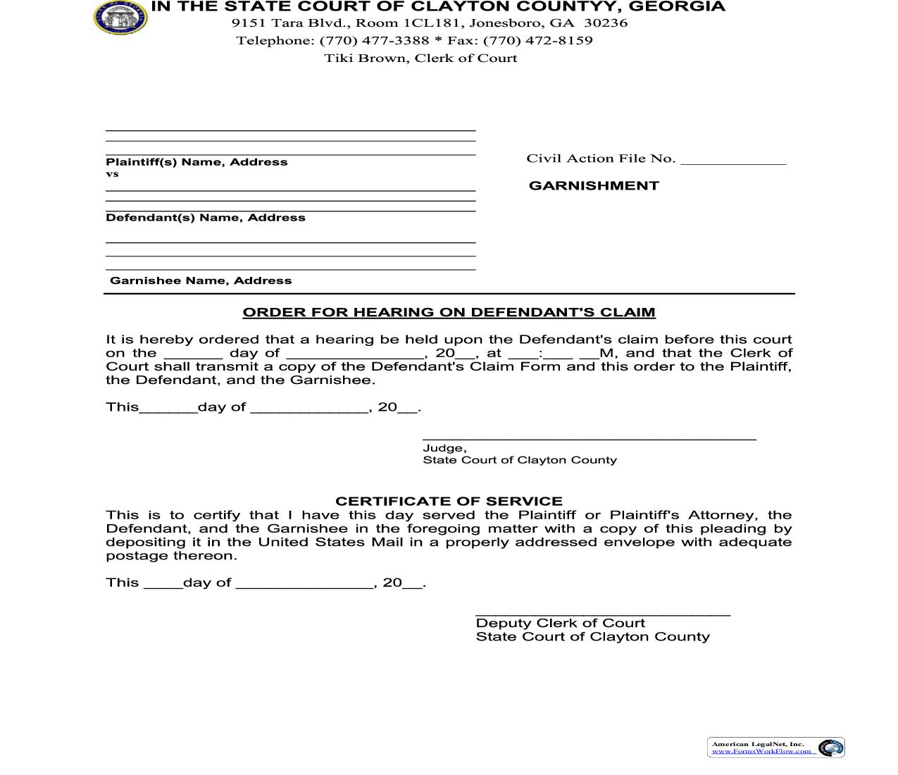 Order For Hearing On Defendants Claim | Pdf Fpdf Doc Docx | Georgia