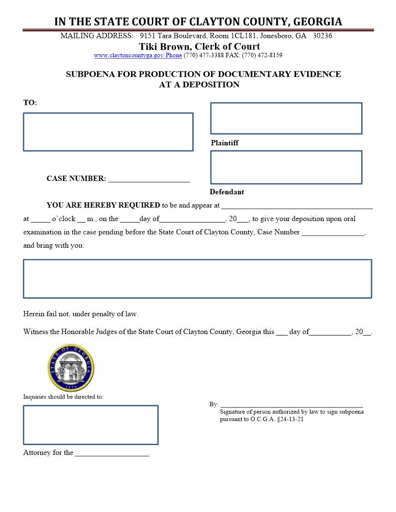 Subpoena For Production Of Documentary Evidence At A Deposition | Pdf Fpdf Docx | Georgia