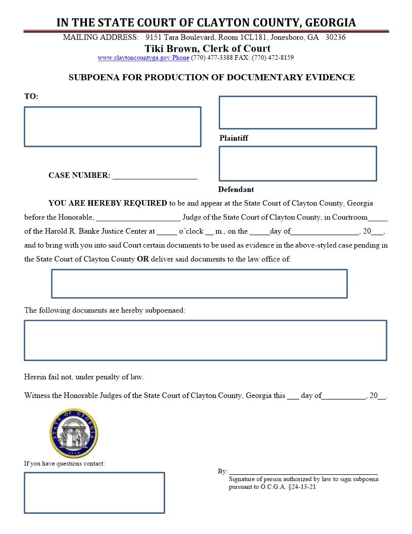 Subpoena For Production Of Documentary Evidence | Pdf Fpdf Docx | Georgia