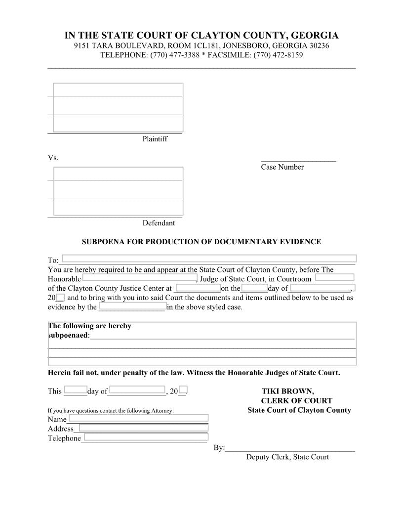 Subpoena Production Of Documentary Evidence | Pdf Fpdf Docx | Georgia