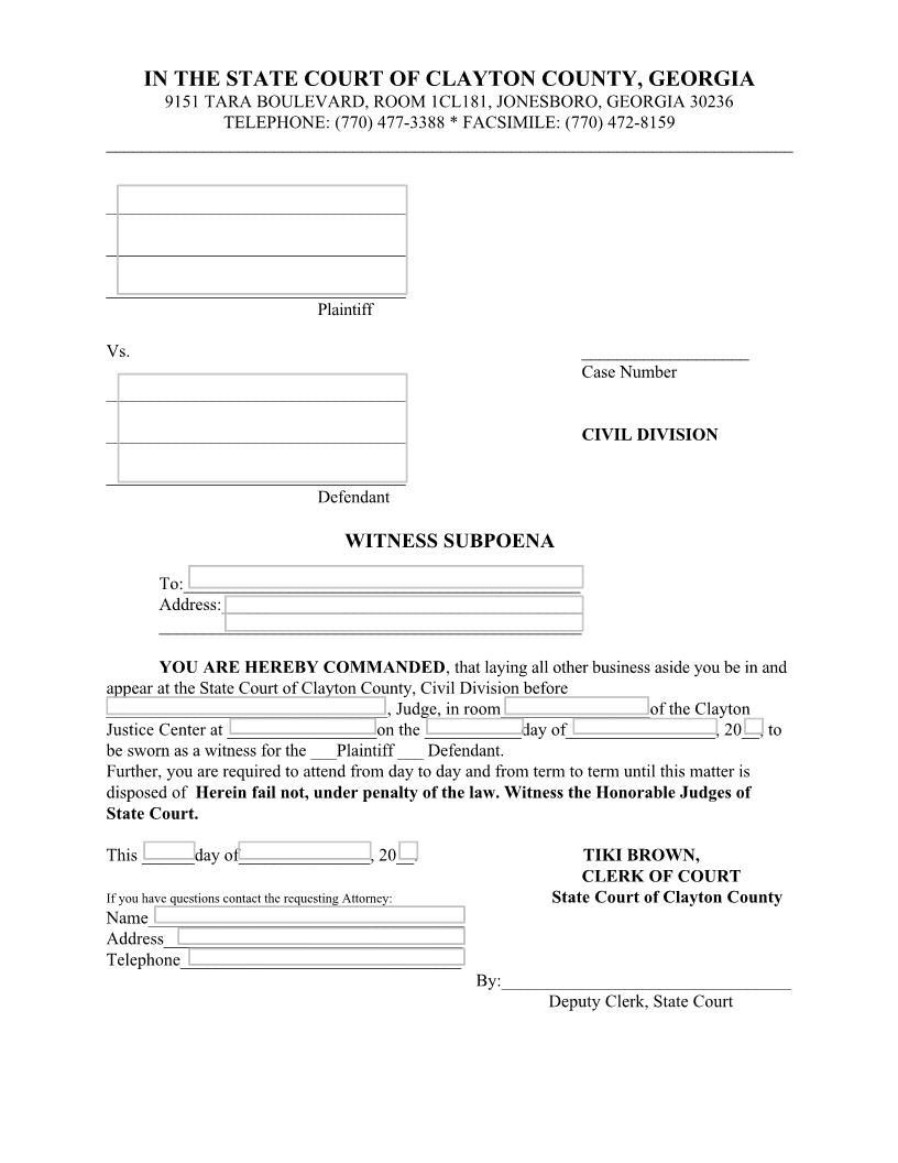 Subpoena Witness (Civil) | Pdf Fpdf Docx | Georgia
