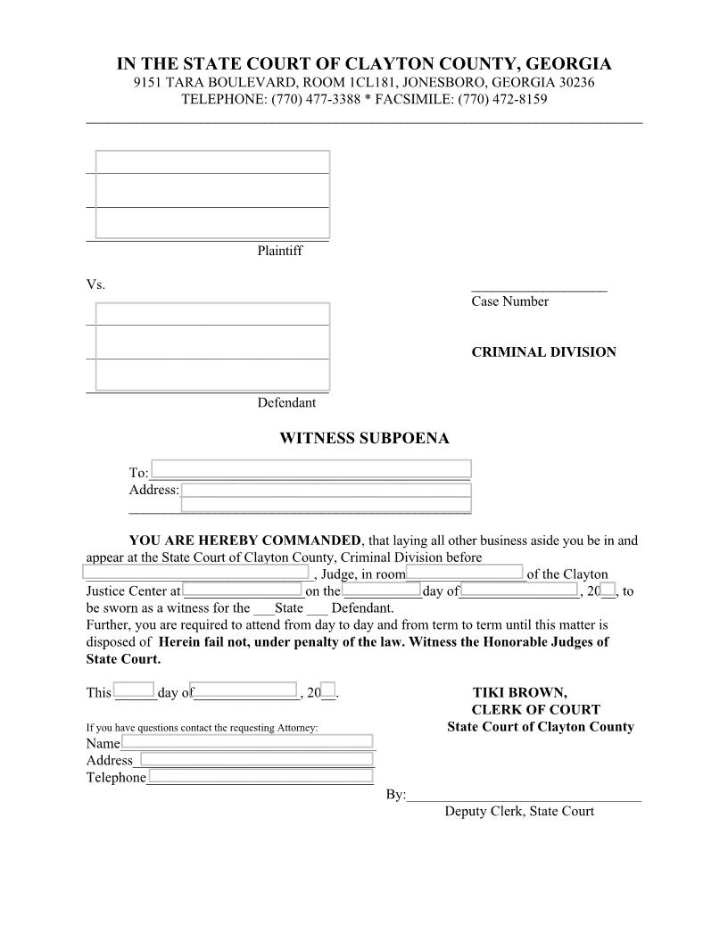 Subpoena Witness (Criminal) | Pdf Fpdf Docx | Georgia