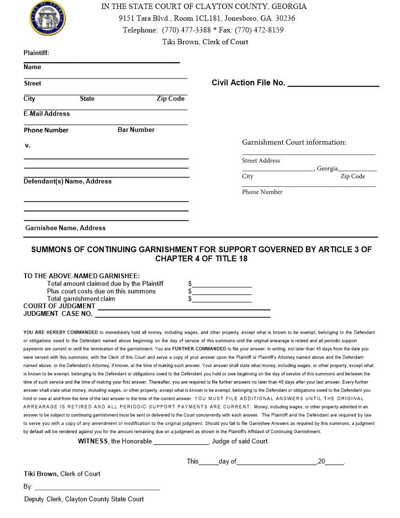 Summons Of Continuing Garnishment For Support | Pdf Fpdf Docx | Georgia