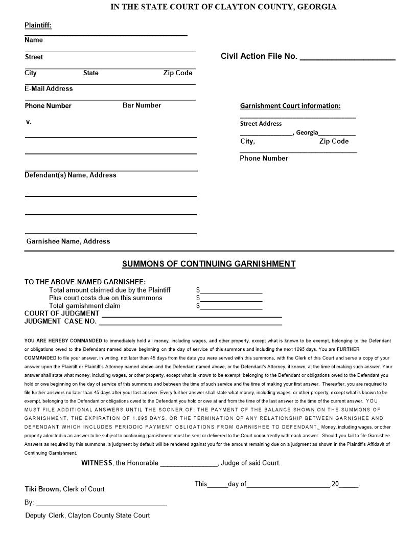 Summons Of Continuing Garnishment | Pdf Fpdf Doc Docx | Georgia