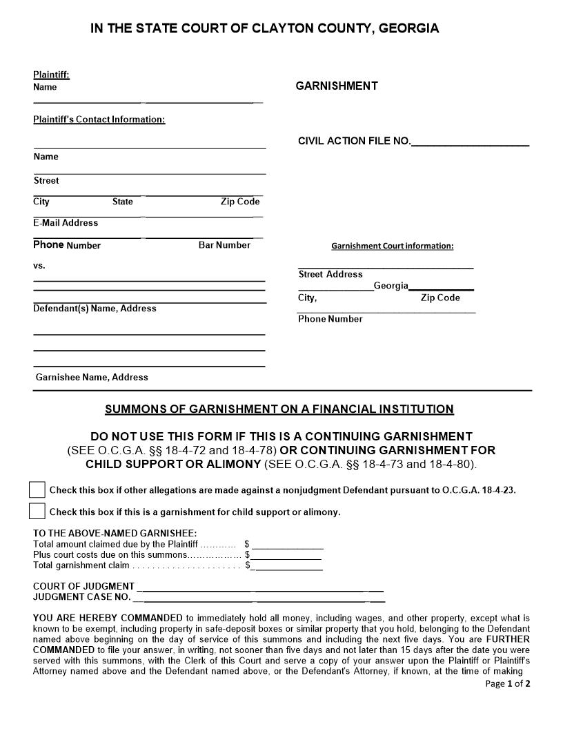 Summons Of Garnishment On A Financial Institution | Pdf Fpdf Doc Docx | Georgia