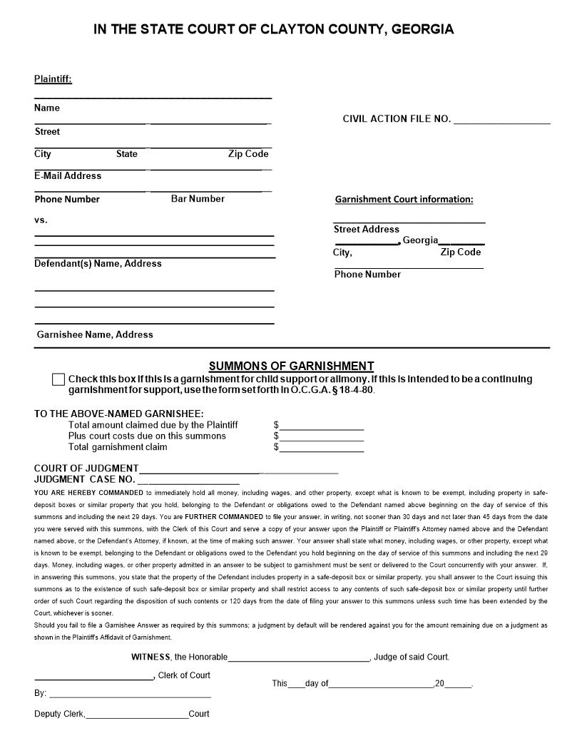 Summons Of Regular Garnishment | Pdf Fpdf Doc Docx | Georgia