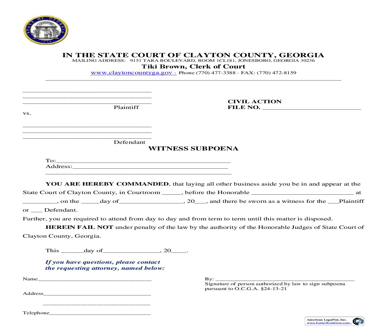 Witness Subpoena (Civil) | Pdf Fpdf Doc Docx | Georgia
