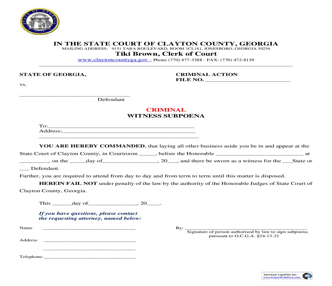 Witness Subpoena (Criminal) | Pdf Fpdf Doc Docx | Georgia