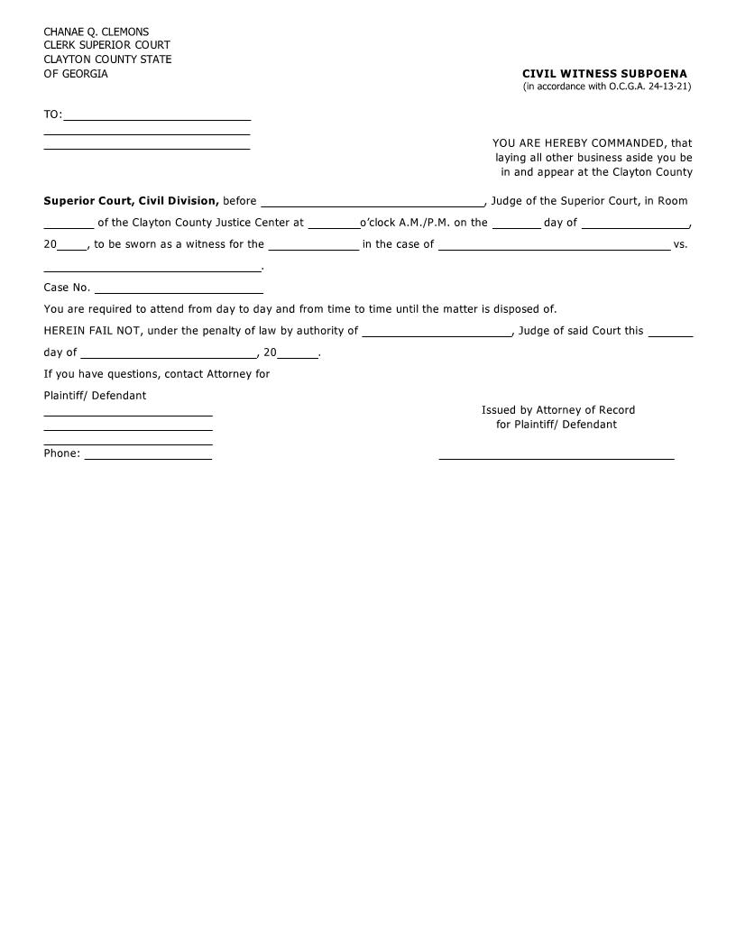Civil Witness Subpoena | Pdf Fpdf Doc Docx | Georgia
