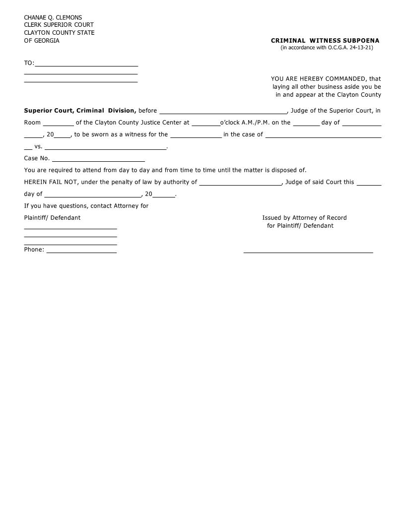 Criminal Witness Subpoena | Pdf Fpdf Docx | Georgia