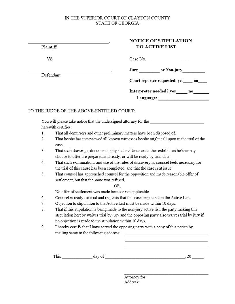Notice Of Stipulation To Active List | Pdf Fpdf Docx | Georgia