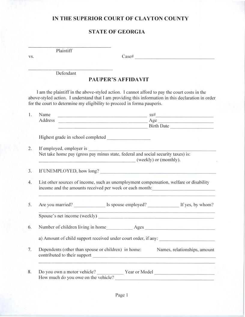 Paupers Affidavit | Pdf Fpdf Docx | Georgia