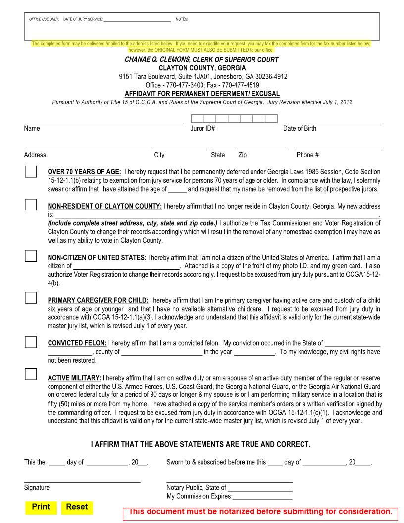Affidavit For Permanent Deferment | Pdf Fpdf Docx | Georgia