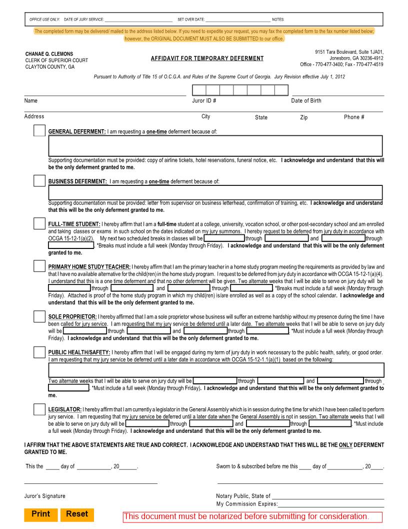 Affidavit For Temporary Deferment | Pdf Fpdf Doc Docx | Georgia