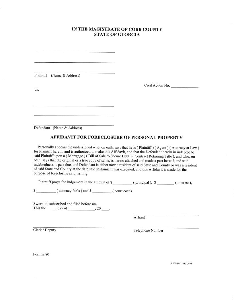 Affidavit For Foreclosure Of Personal Property | Pdf Fpdf Doc Docx | Georgia