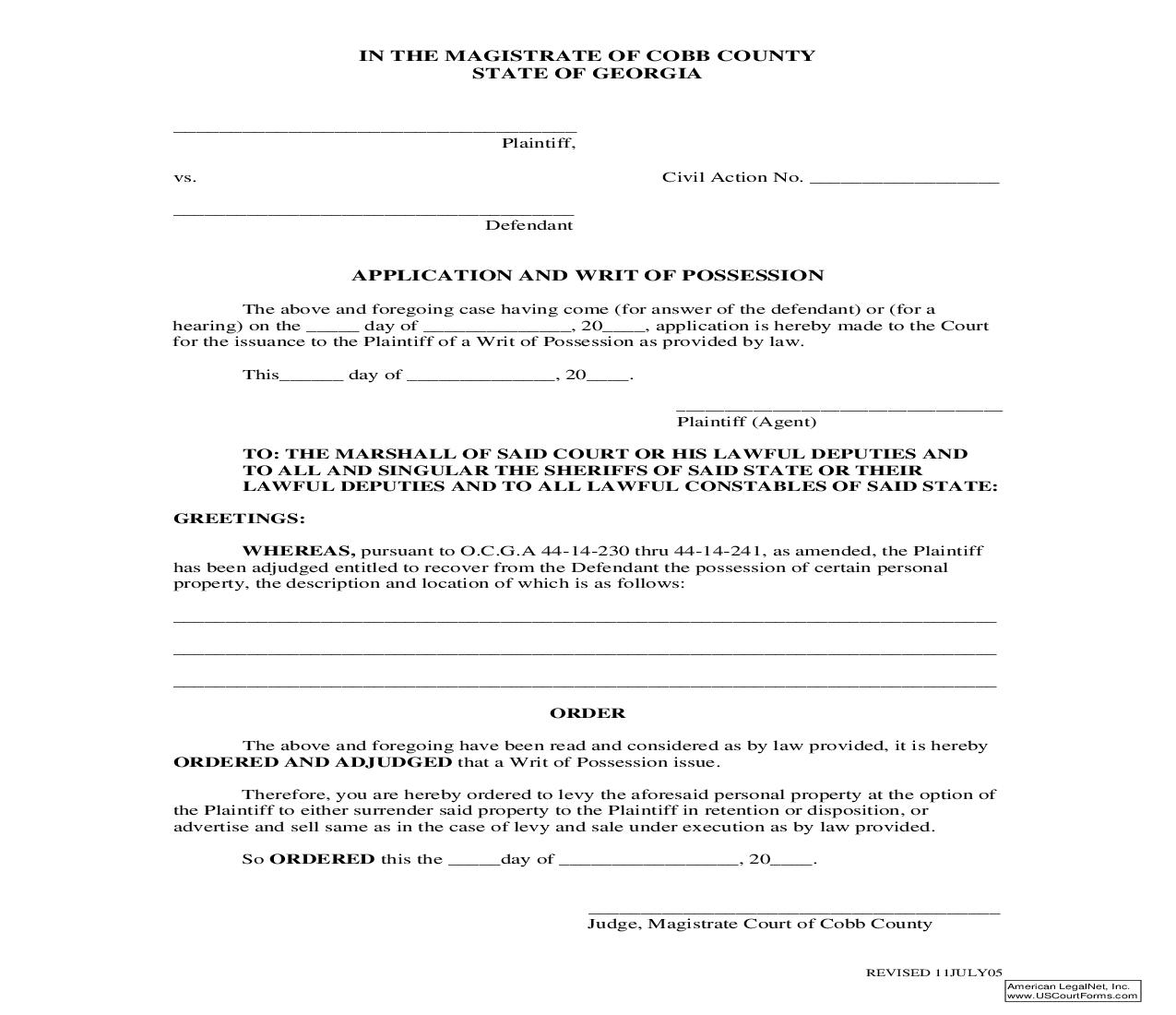 Application And Writ Of Possession (Personal Property) | Pdf Fpdf Doc Docx | Georgia