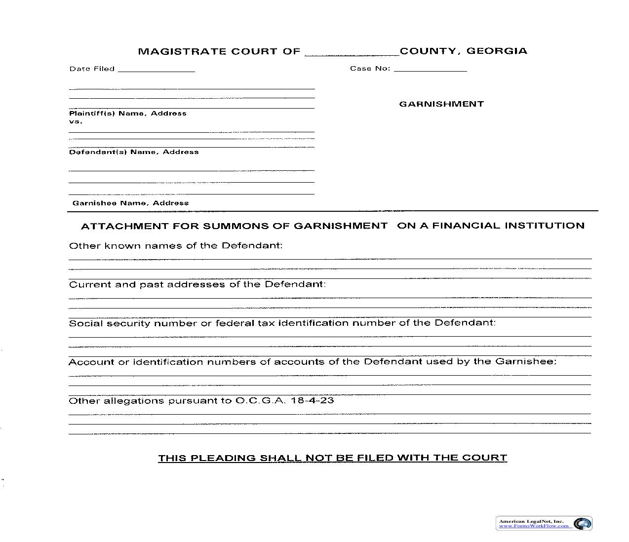 Attachment For Summons Of Garnishment On A Financial Institution | Pdf Fpdf Doc Docx | Georgia
