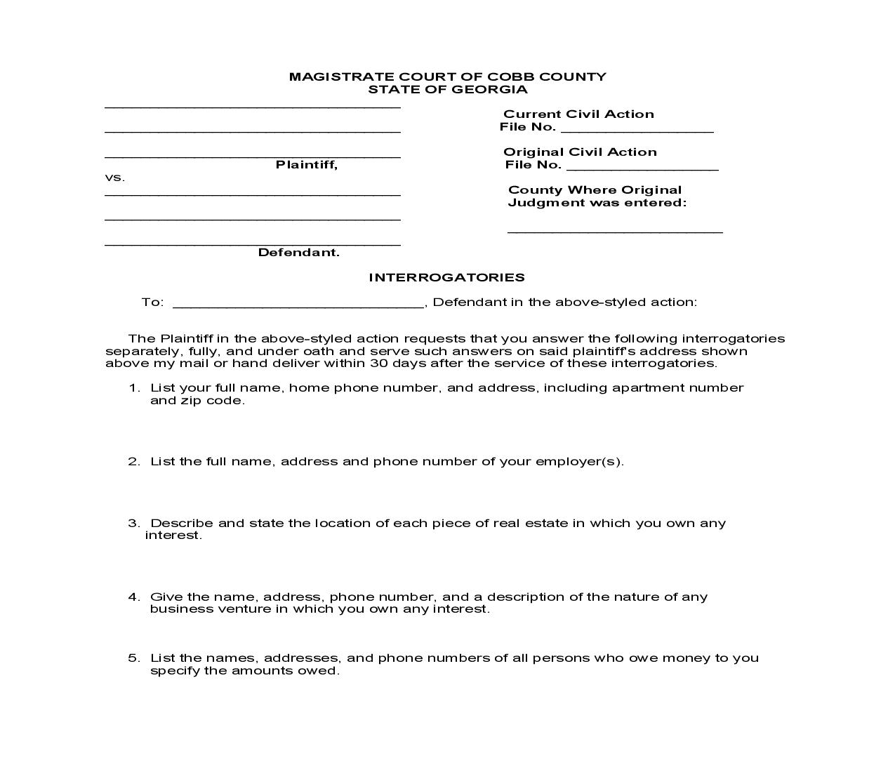 Interrogatories (Regarding Assets Losing Party Has To Satisfy Judgment) | Pdf Fpdf Doc Docx | Georgia