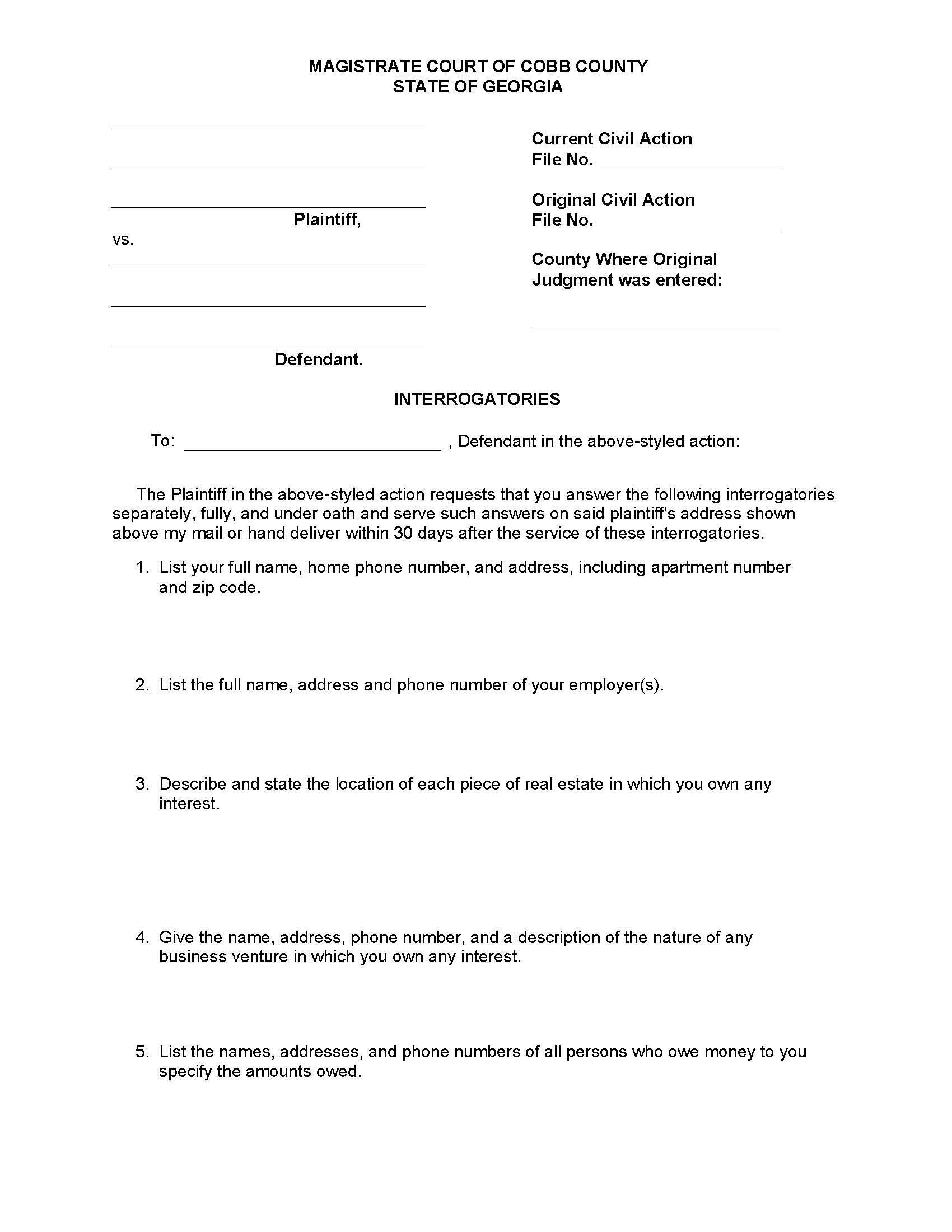 Interrogatories (Regarding Assets Losing Party Has To Satisfy Judgment) | Pdf Fpdf Doc Docx | Georgia