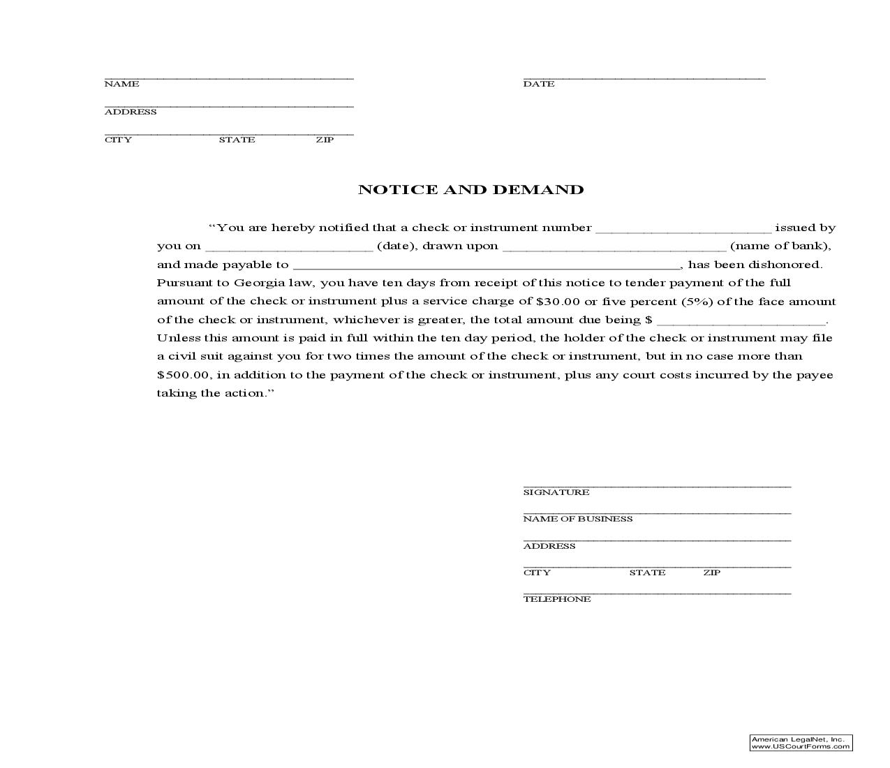 Notice And Demand (Bad Check Notice-Civil) | Pdf Fpdf Doc Docx | Georgia