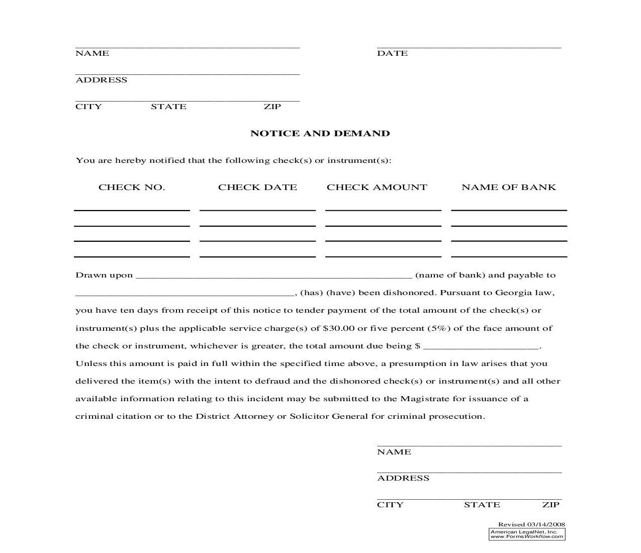 Notice And Demand (Bad Check Notice-Criminal) | Pdf Fpdf Doc Docx | Georgia