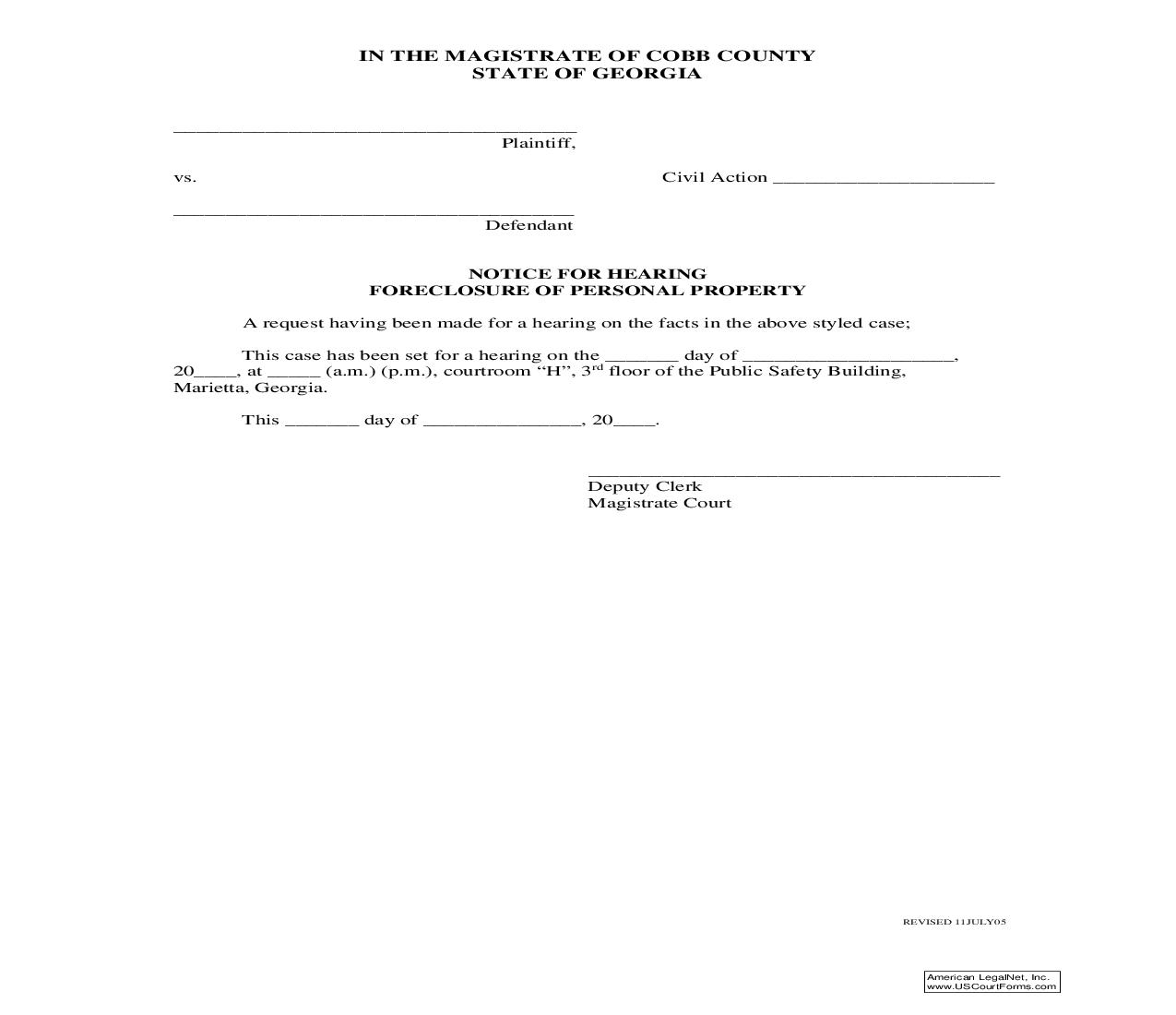 Notice For Hearing Foreclosure Of Personal Property | Pdf Fpdf Doc Docx | Georgia