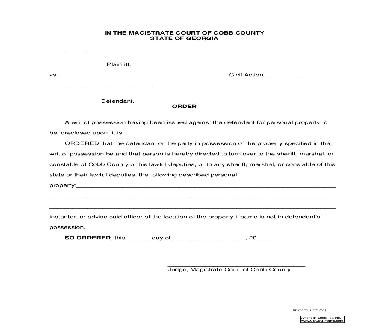 Order (Personal Property Foreclosure) | Pdf Fpdf Doc Docx | Georgia