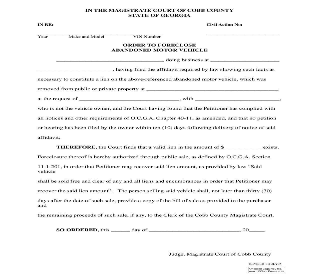 Order To Foreclose Abandoned Motor Vehicle | Pdf Fpdf Doc Docx | Georgia